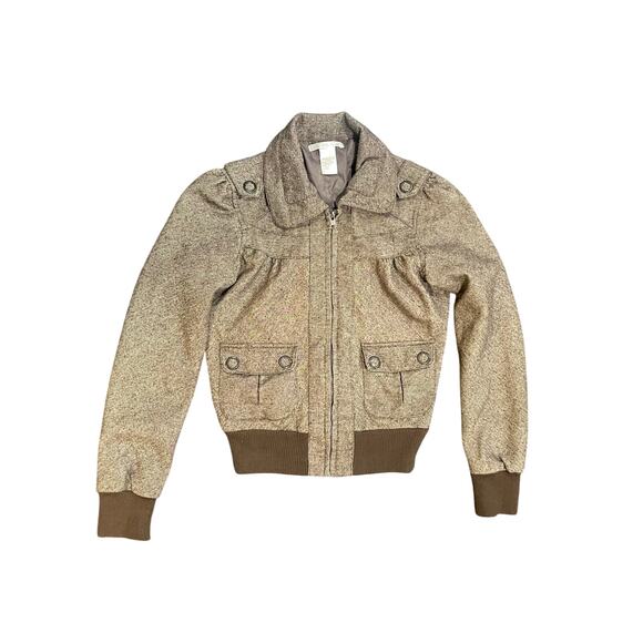 Charlotte Russe Brown Tweed Style Zip up Jacket Size Small Bomber Flight - Picture 1 of 4